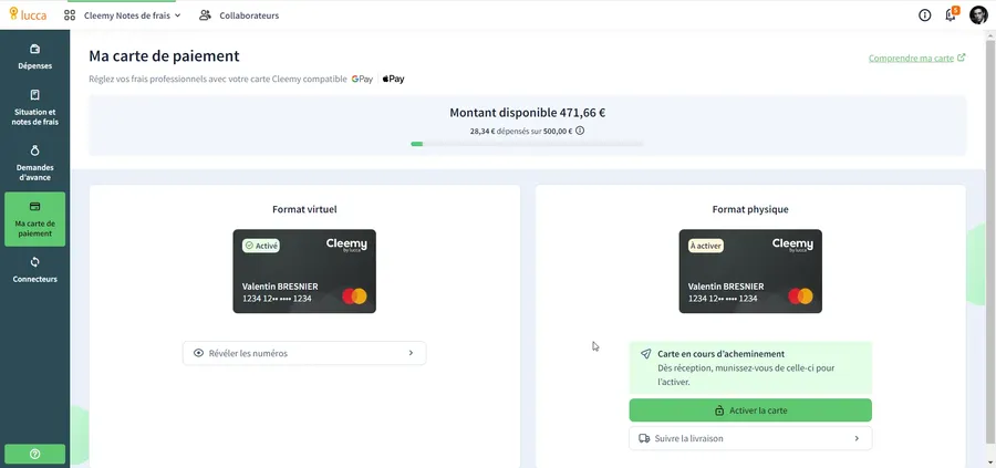 Cleemy Notes de frais : interface carte paiement