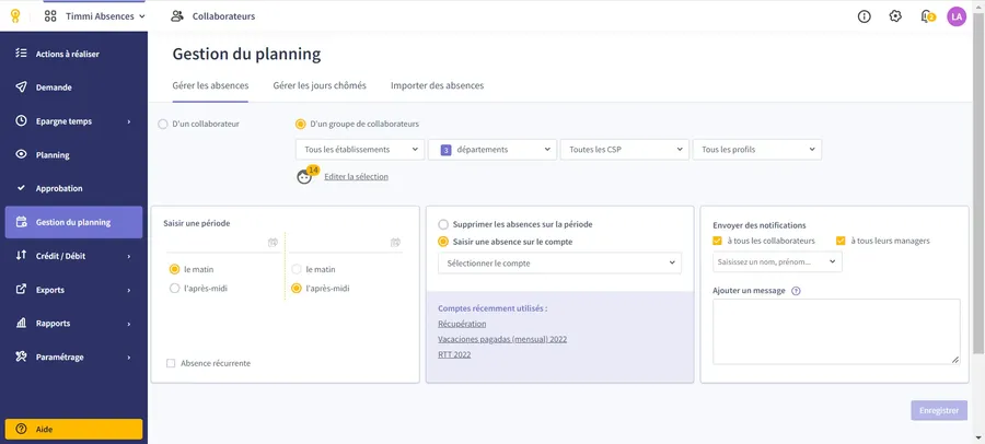 Timmi Absences : interface gestion planning
