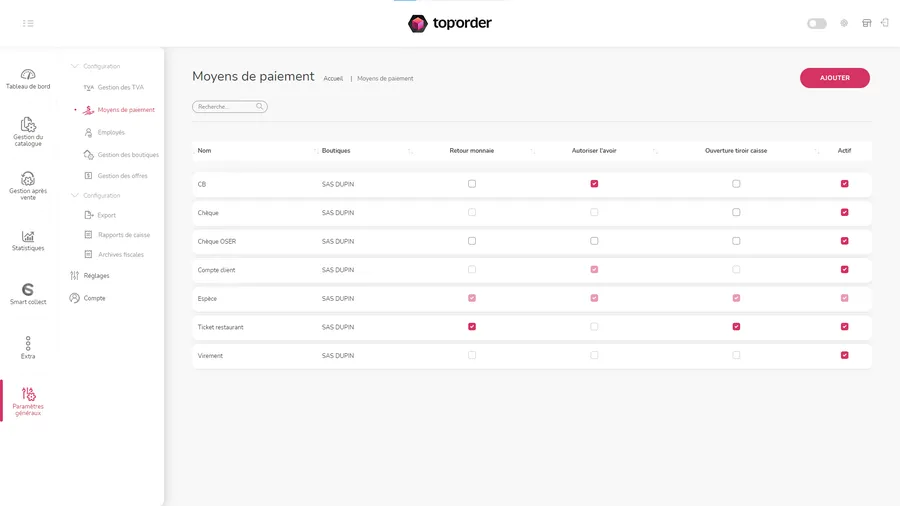 Toporder : interface gestion des paiements