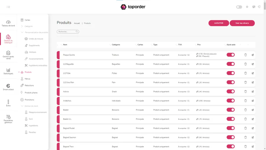 Toporder : interface gestion des produits