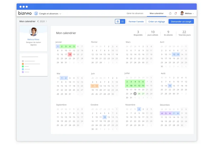 Bizneo Time Manager : interface calendrier