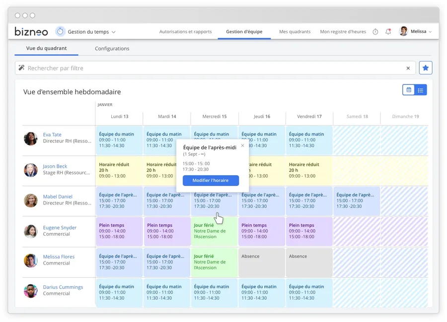 Bizneo Time Manager : interface planning travail