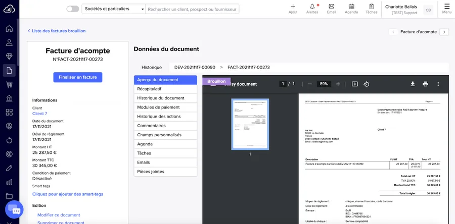 Sellsy Facturation & Gestion : interface gestion des acomptes