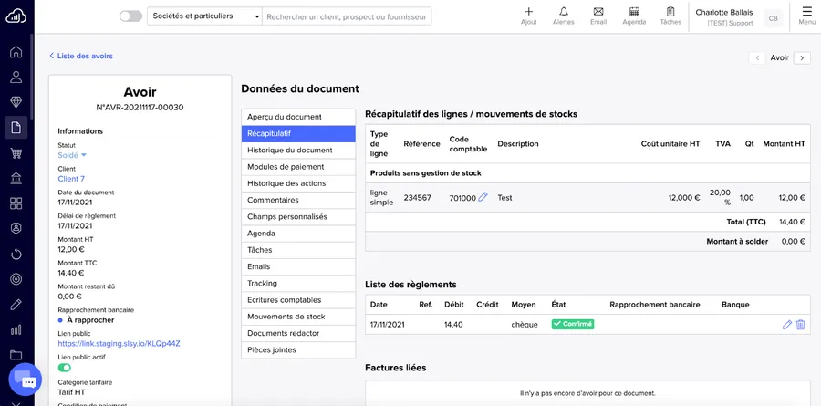 Sellsy Facturation & Gestion : interface gestion des avoirs