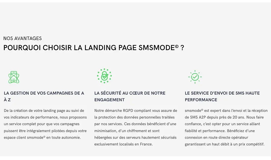 smsmode© : fonctionnalités landing page