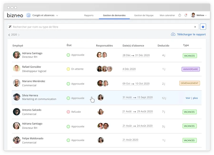 Bizneo HR : interface gestion congés et absences Bizneo HR : interface gestion congés et absences