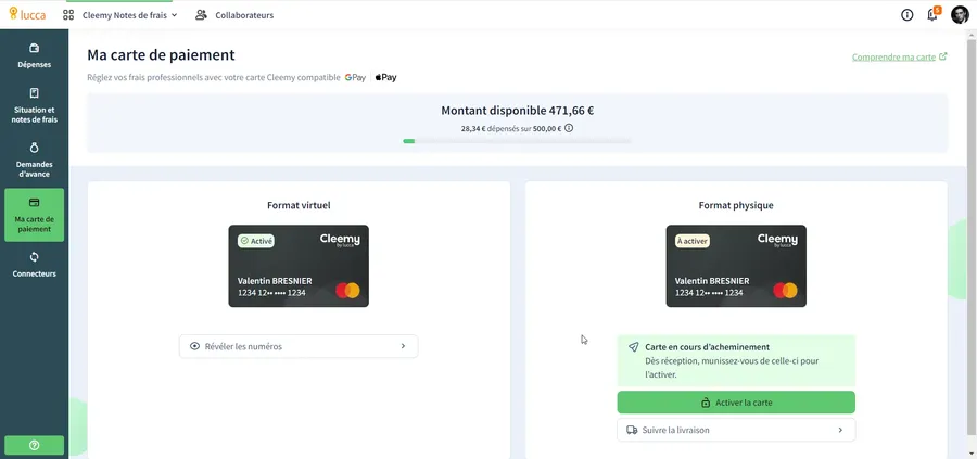 Cleemy Notes de frais : interface carte paiement Cleemy Notes de frais : interface carte paiement