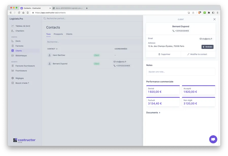 Costructor : interface gestion des contacts Costructor : interface gestion des contacts