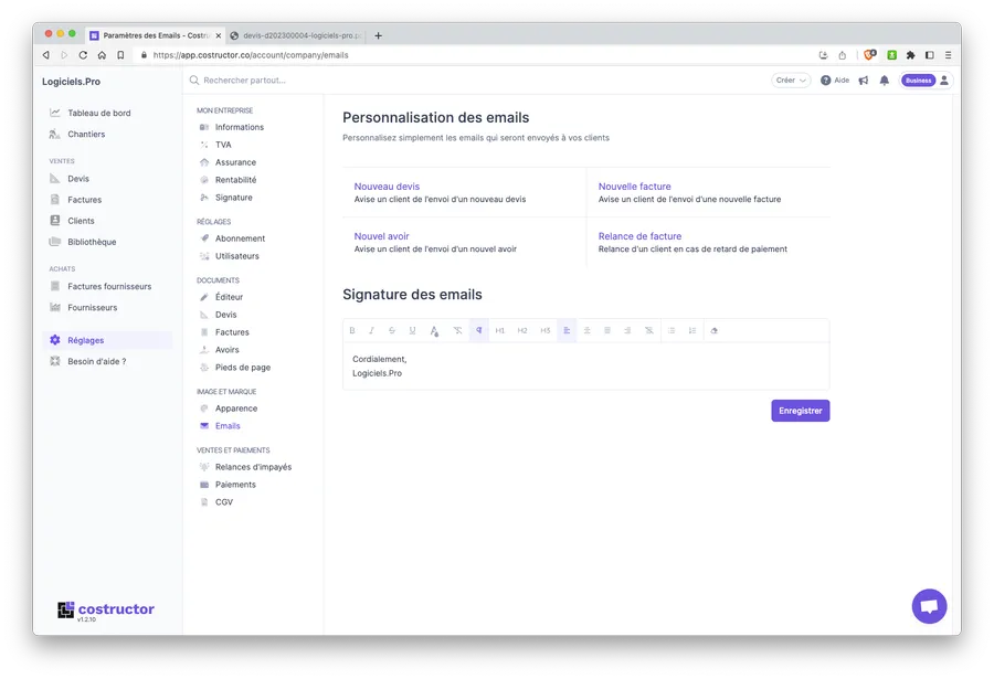 Costructor : interface personnalisation des emails Costructor : interface personnalisation des emails