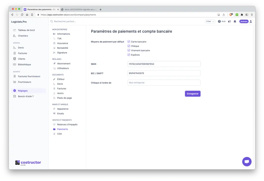 Costructor : interface configuration des paiements Costructor : interface configuration des paiements