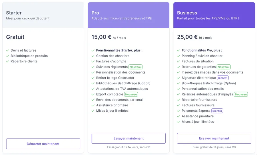 Costructor : prix Costructor : prix