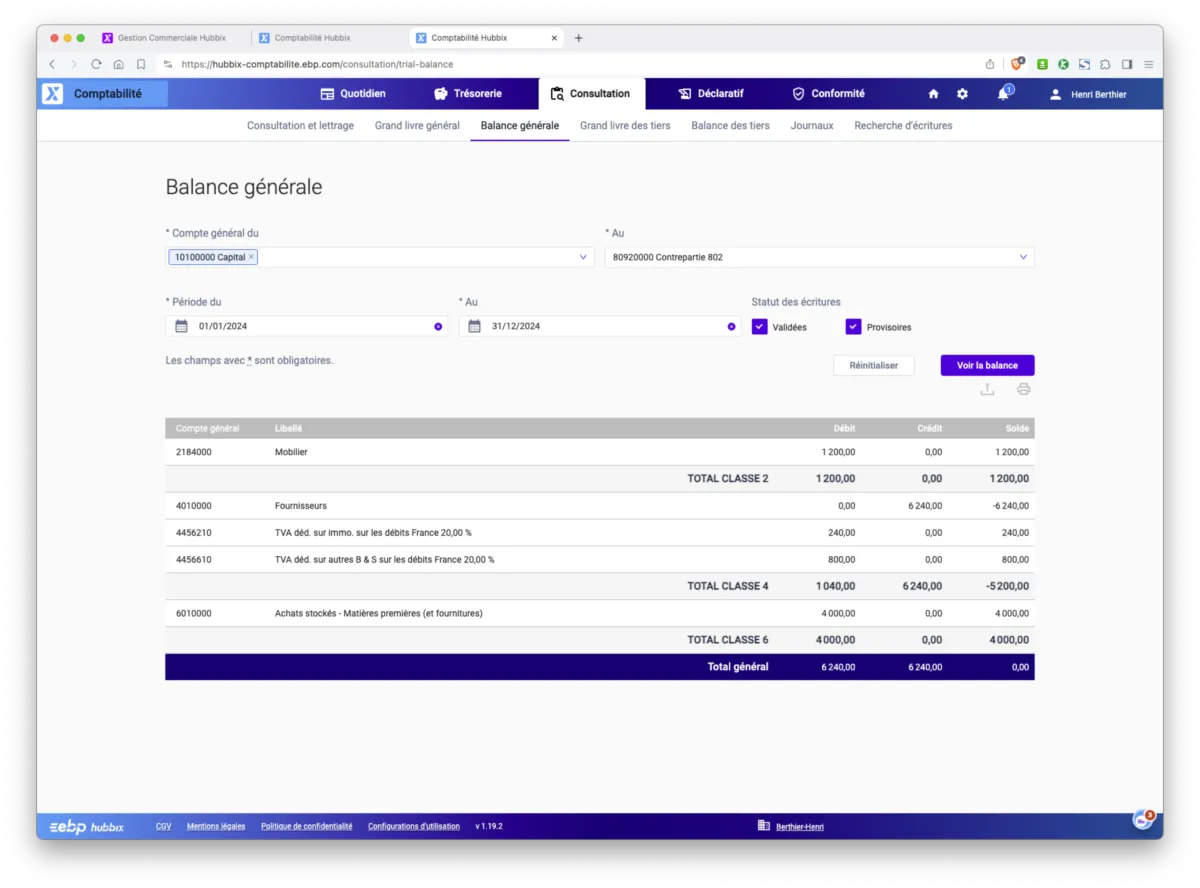 EBP Comptabilité Hubbix : interface balance générale