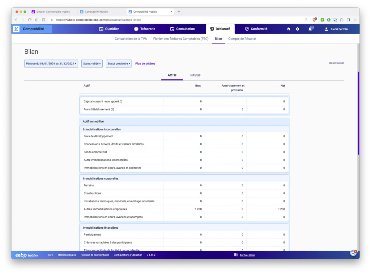 EBP Comptabilité Hubbix : interface bilan actif