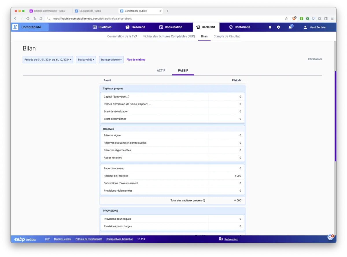 EBP Comptabilité Hubbix : interface bilan passif