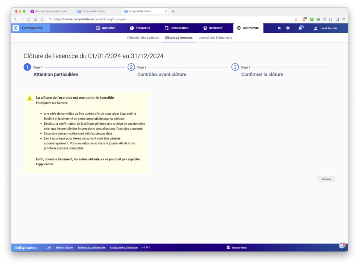 EBP Comptabilité Hubbix : interface cloture d'exercice
