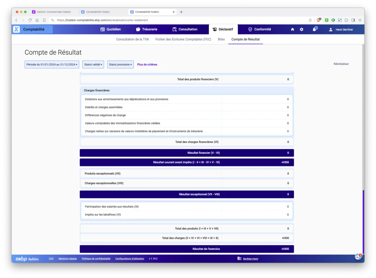 EBP Comptabilité Hubbix : interface compte de résultat