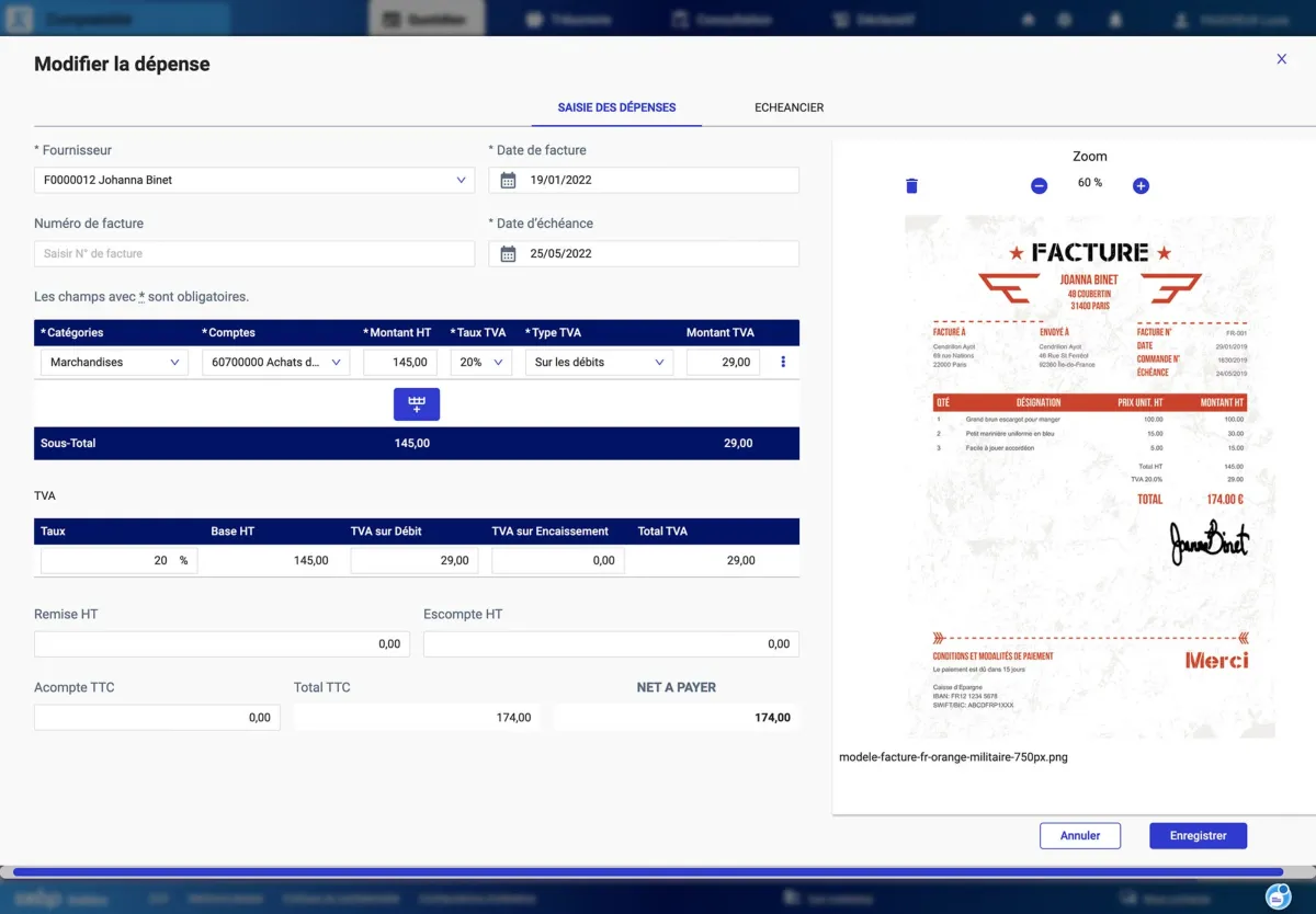 EBP Comptabilité Hubbix : interface gestion des dépenses