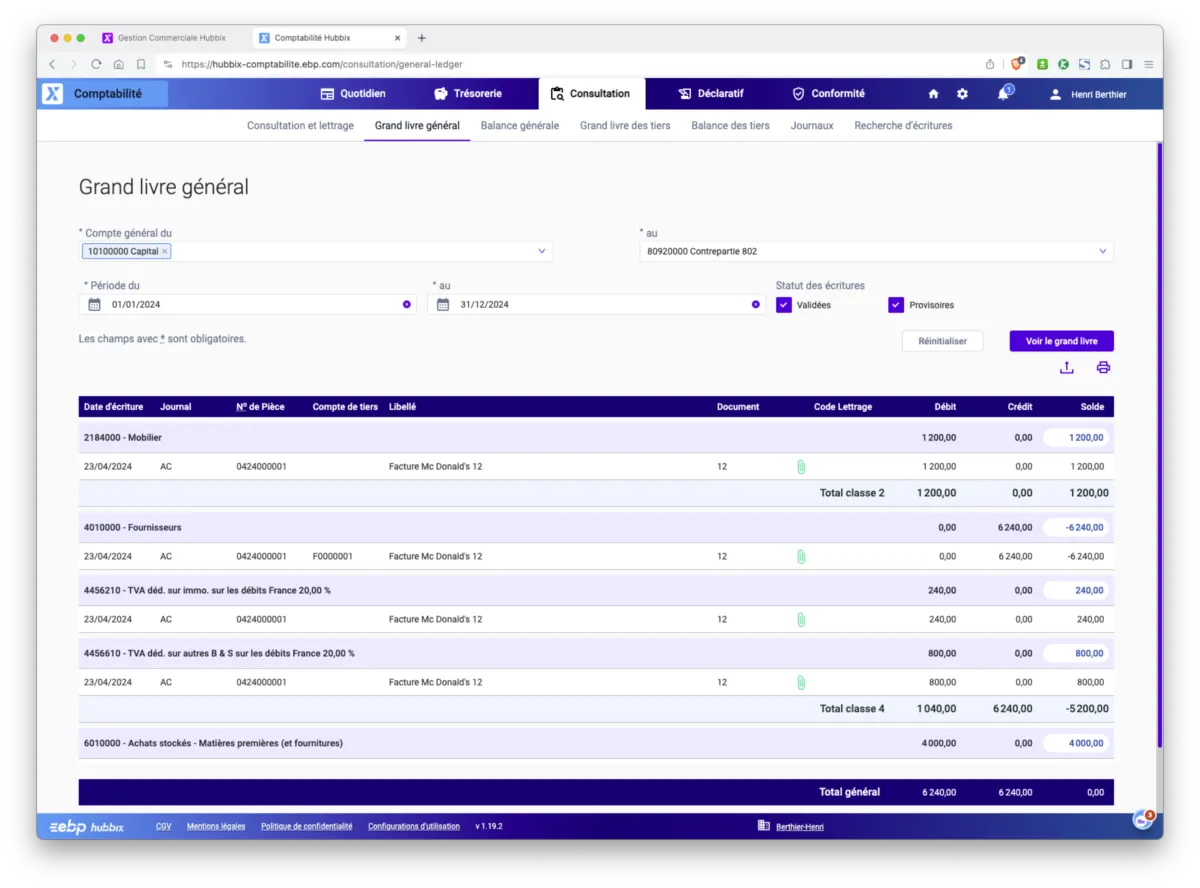 EBP Comptabilité Hubbix : interface grand livre
