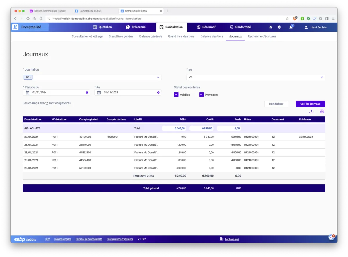 EBP Comptabilité Hubbix : interface journaux