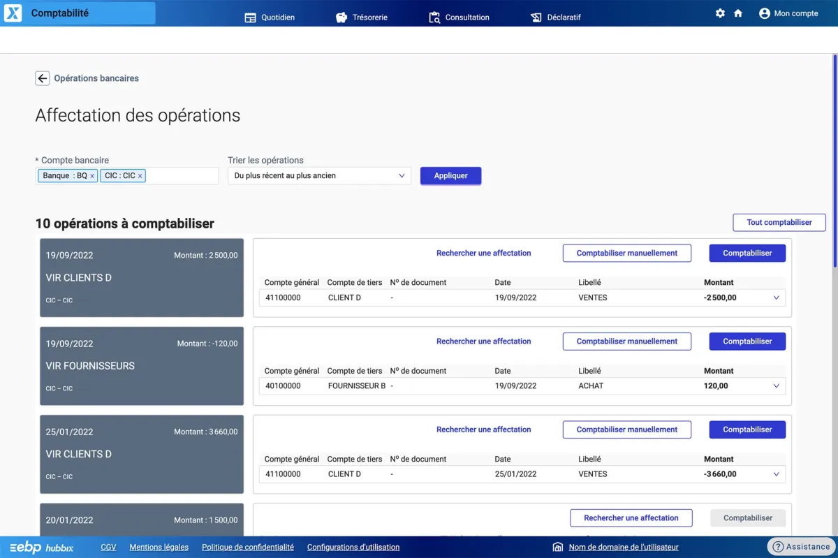 EBP Comptabilité Hubbix : interface opérations bancaires