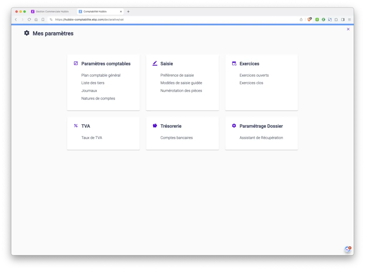 EBP Comptabilité Hubbix : interface paramètres