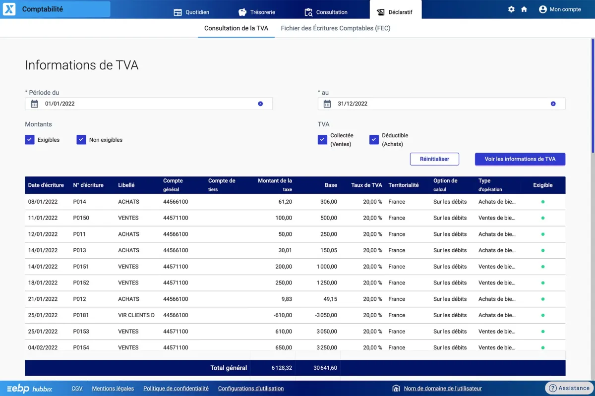 EBP Comptabilité Hubbix : interface TVA