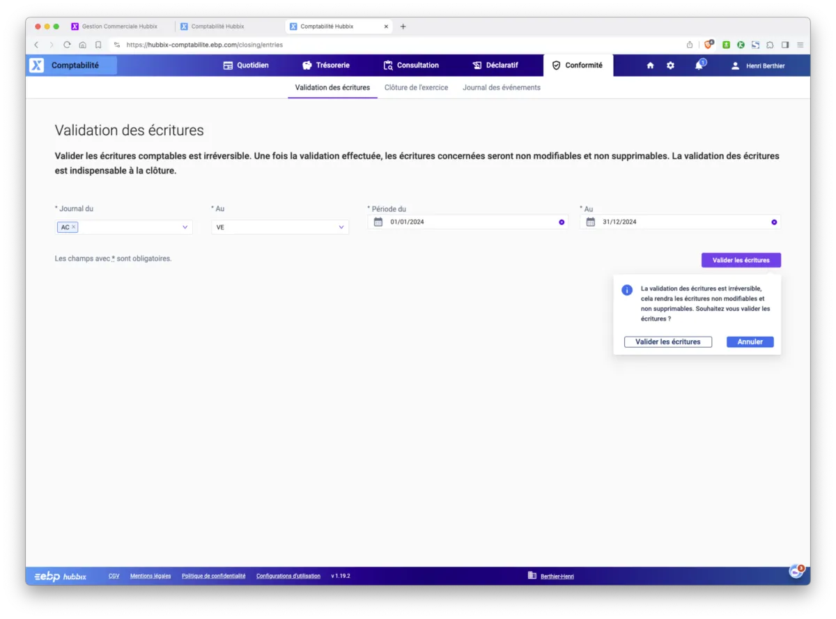 EBP Comptabilité Hubbix : interface validation écritures