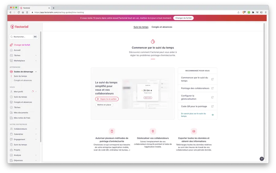 Factorial : interface aide en ligne
