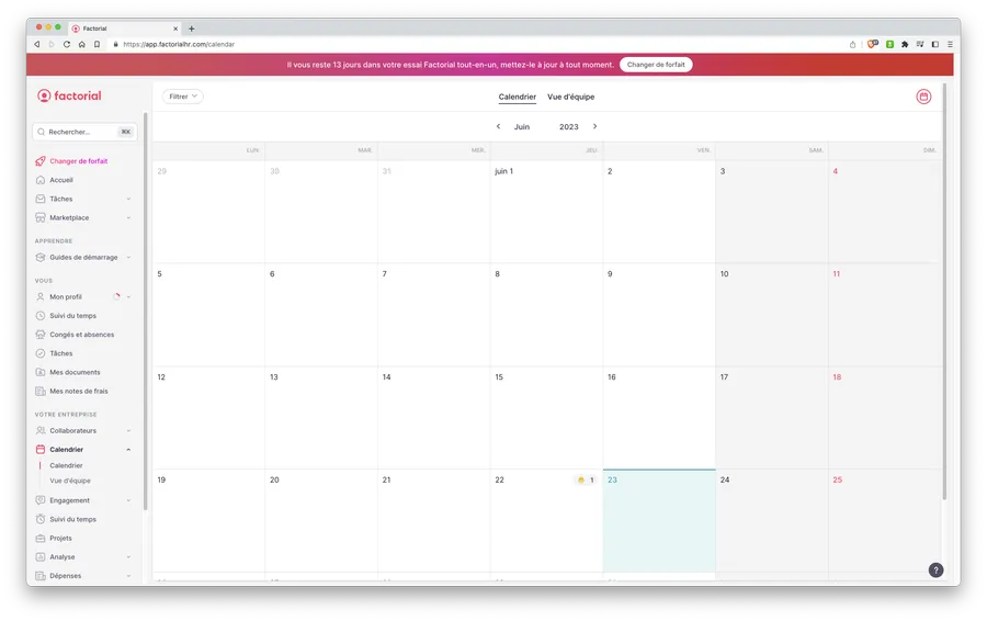Factorial : interface calendrier partagé