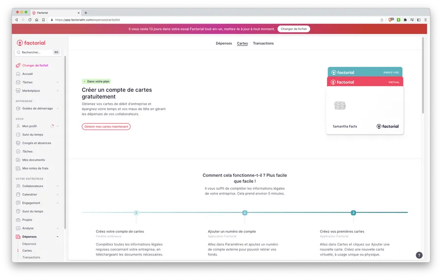 Factorial : interface carte corporate