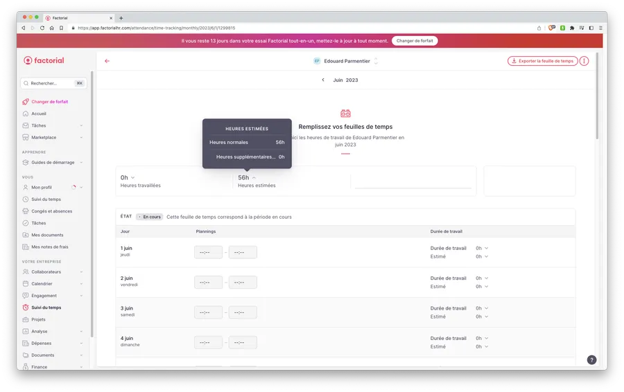 Factorial : interface feuille de temps