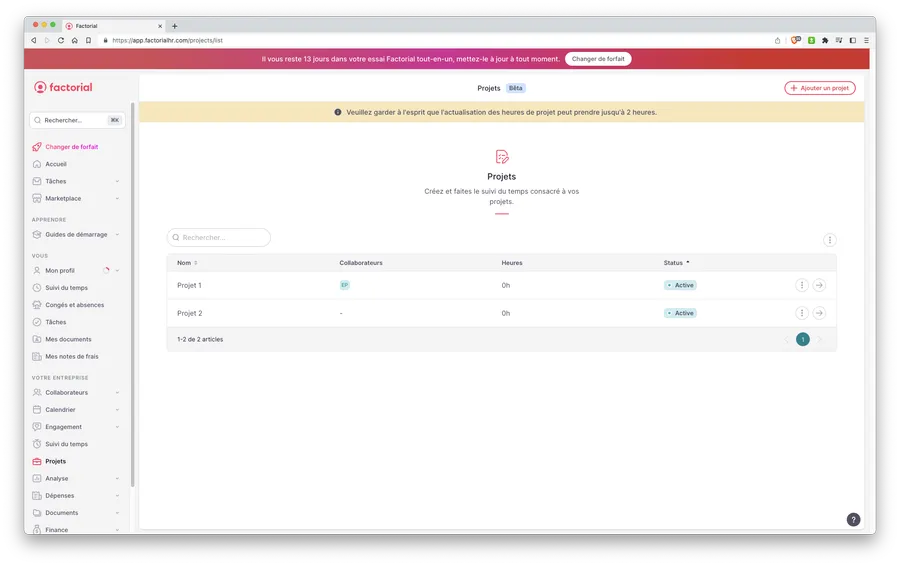 Factorial : interface gestion de projets