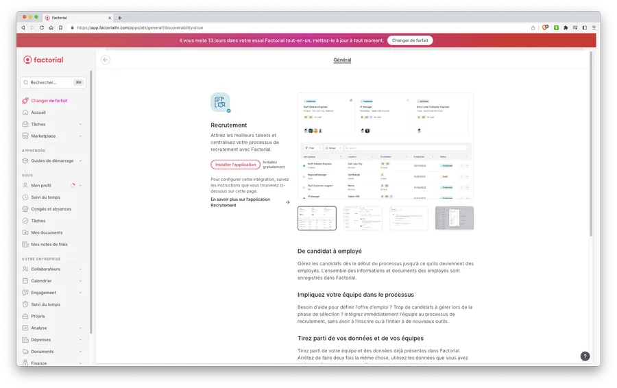 Factorial : interface marketplace d'intégrations