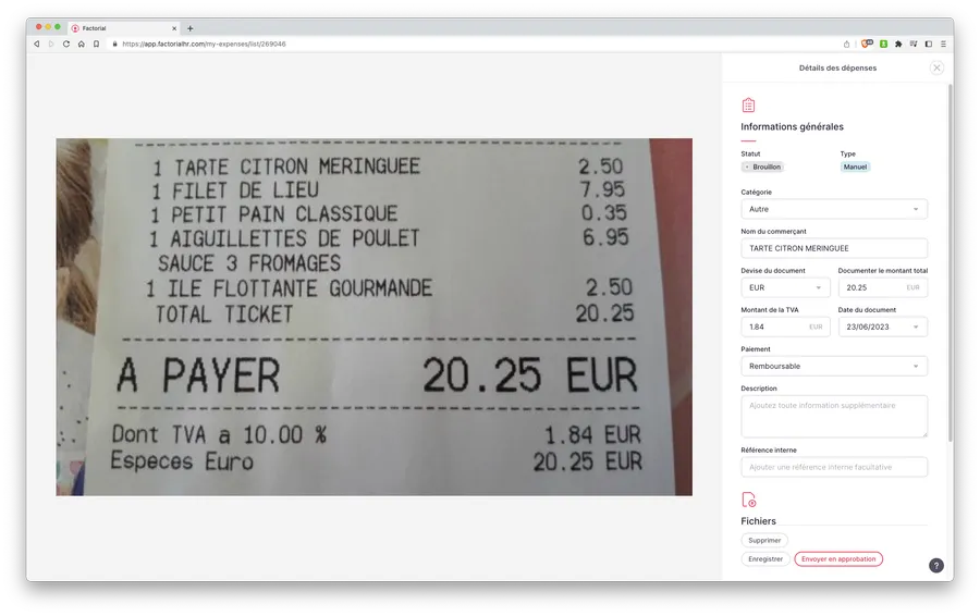 Factorial : interface notes de frais