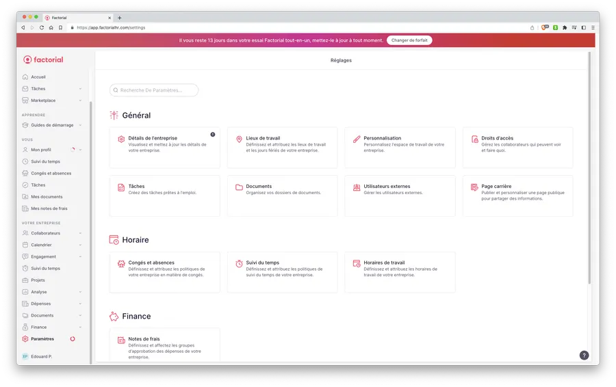 Factorial : interface paramètres et configuration