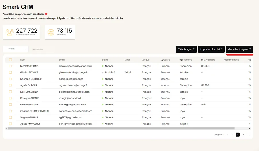 Kiliba : interface contacts Kiliba : interface contacts