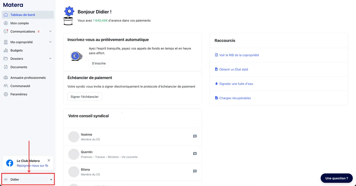 Matera : interface dashboard