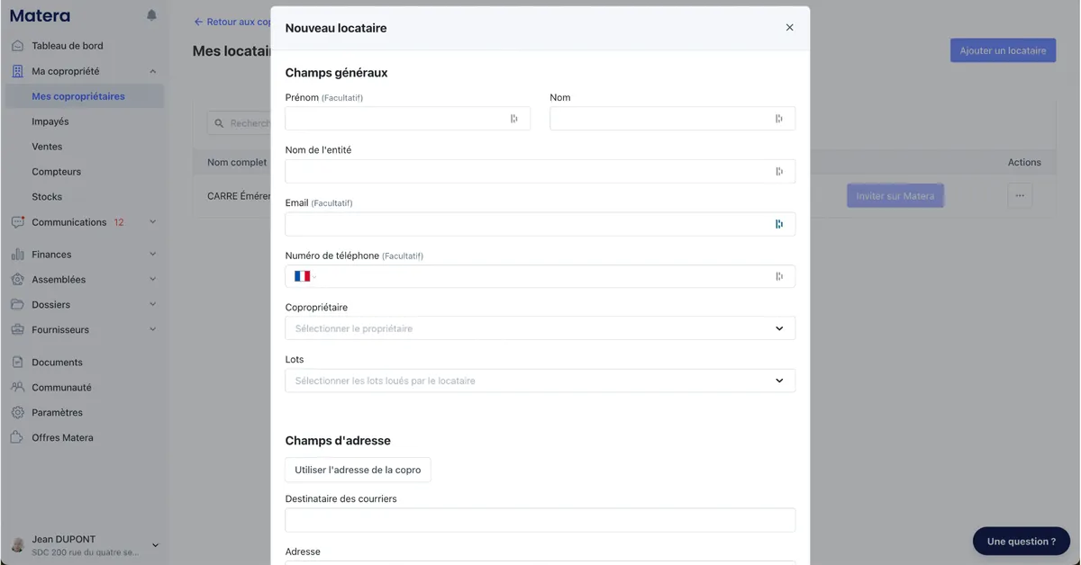 Matera : interface gestion des locataires