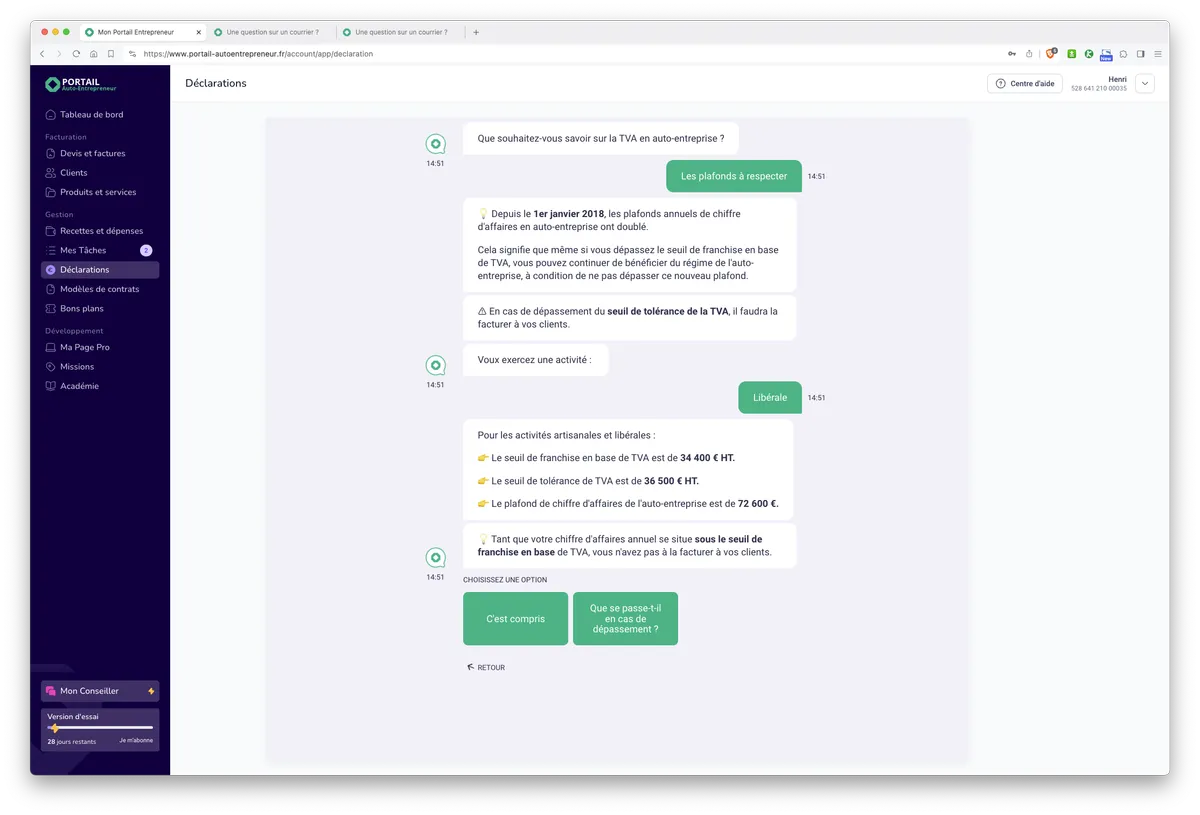 Mon Portail par Portail Auto-Entrepreneur : fonctionnalités chatbot aide à la déclaration 3 Mon Portail par Portail Auto-Entrepreneur : fonctionnalités chatbot aide à la déclaration 3