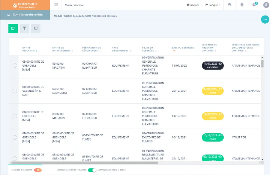 Previsoft : interface logiciel gestion des équipements Previsoft : interface logiciel gestion des équipements