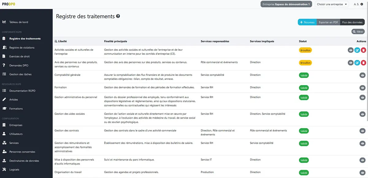 ProDPO : interface registre traitements ProDPO : interface registre traitements