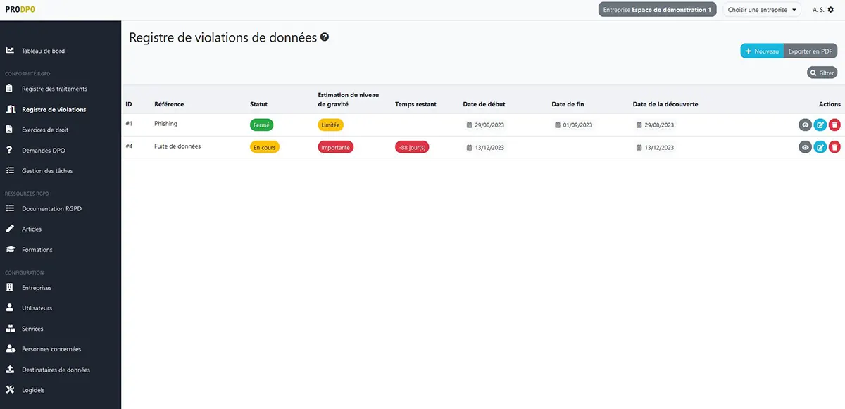 ProDPO : interface registre violation données ProDPO : interface registre violation données