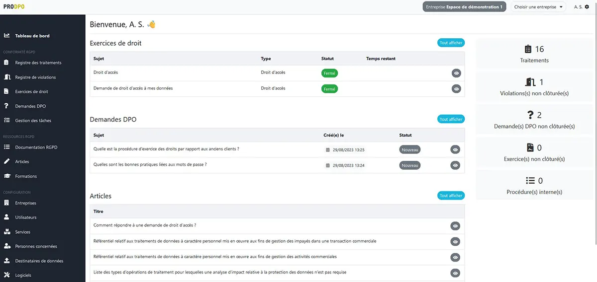 ProDPO : interface tableau bord ProDPO : interface tableau bord