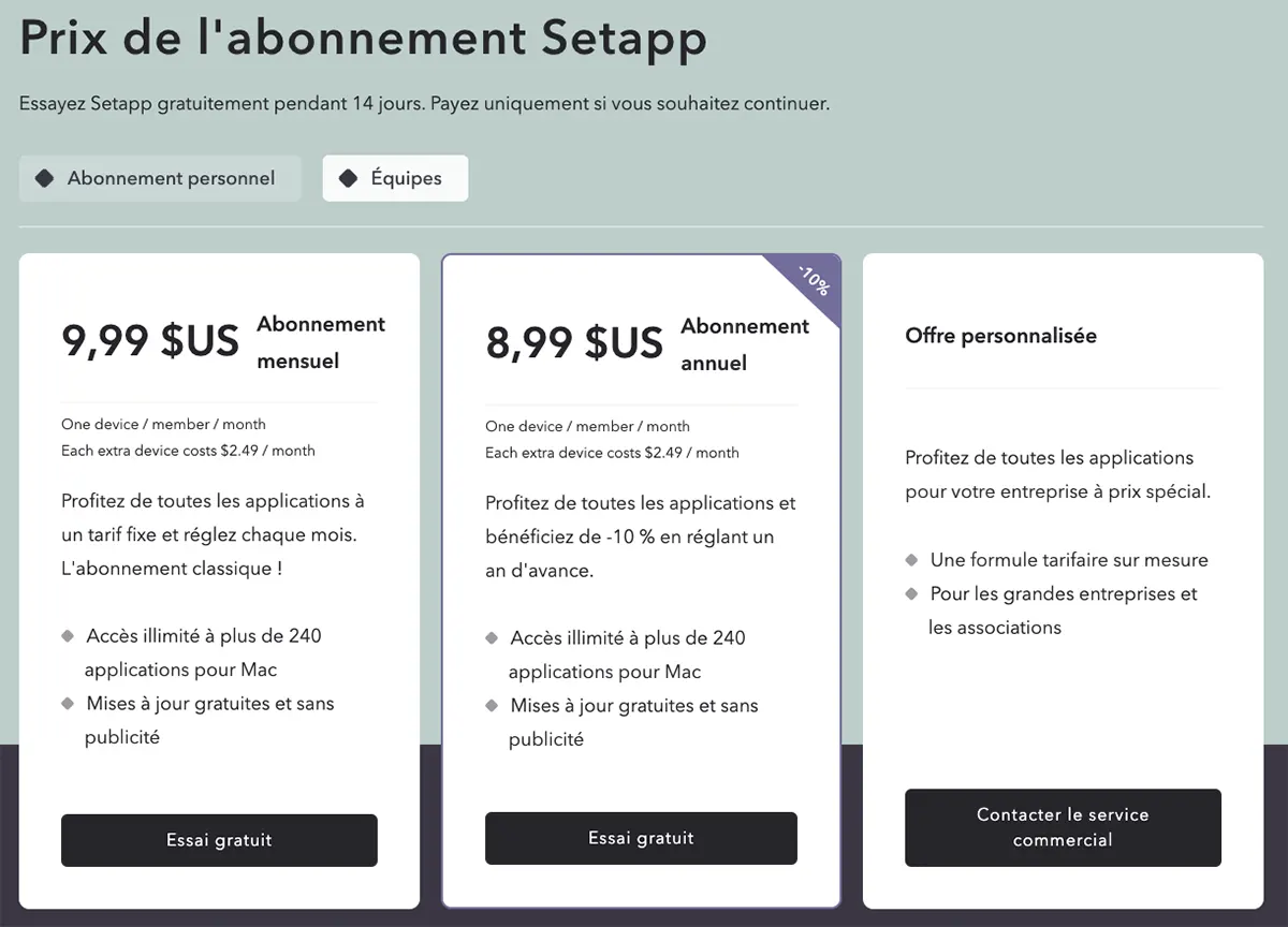 Prix de Setapp pour les professionnels