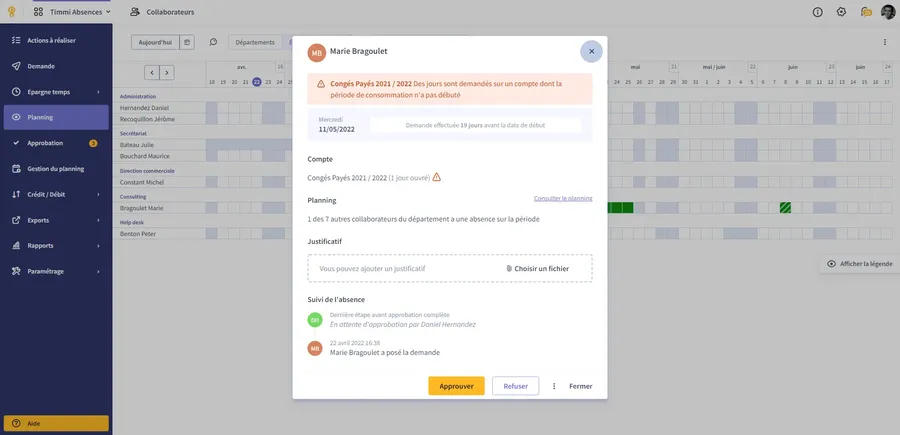 Timmi Absences : interface approuver une absence Timmi Absences : interface approuver une absence