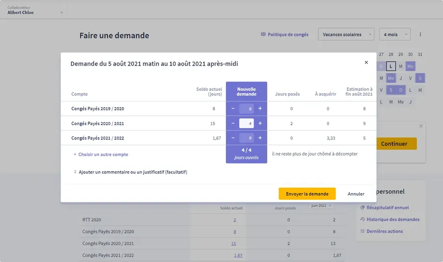 Timmi Absences : interface demande de congés Timmi Absences : interface demande de congés