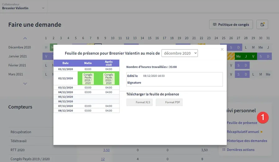 Timmi Absences : interface imprimer une feuille de présence Timmi Absences : interface imprimer une feuille de présence