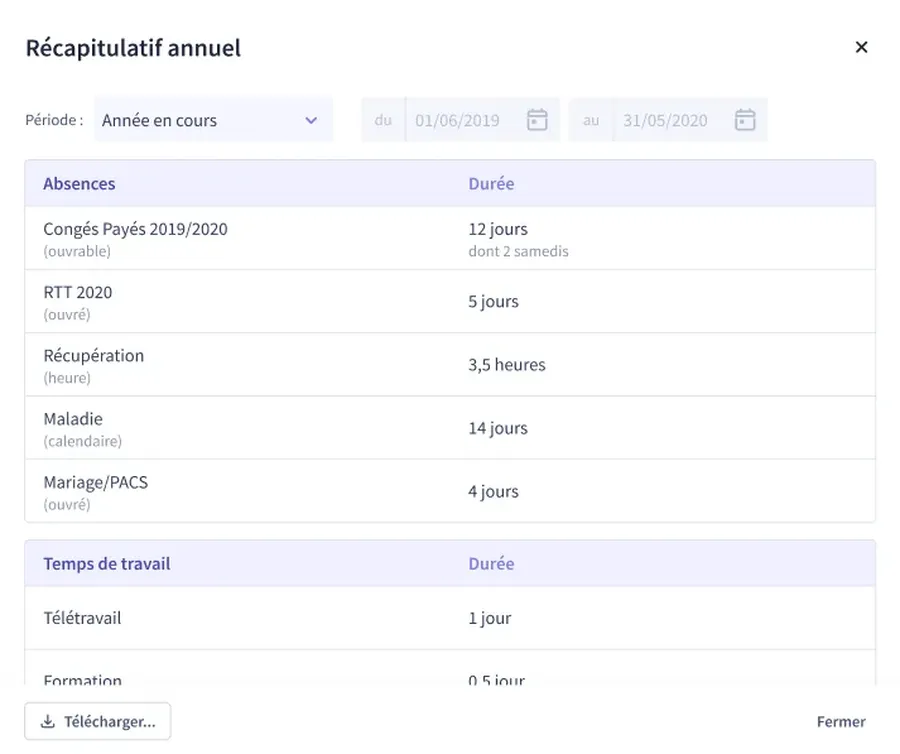 Timmi Absences : interface récapitulatif annuel Timmi Absences : interface récapitulatif annuel
