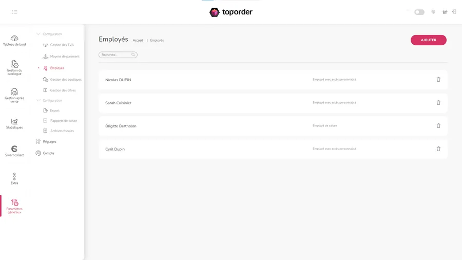 Toporder : interface gestion des employés Toporder : interface gestion des employés