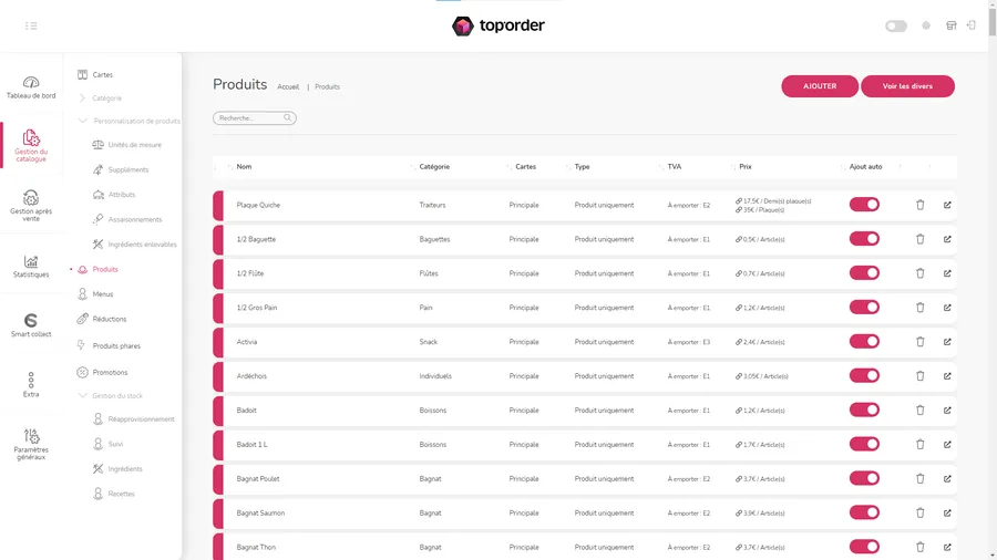 Toporder : interface gestion des produits Toporder : interface gestion des produits